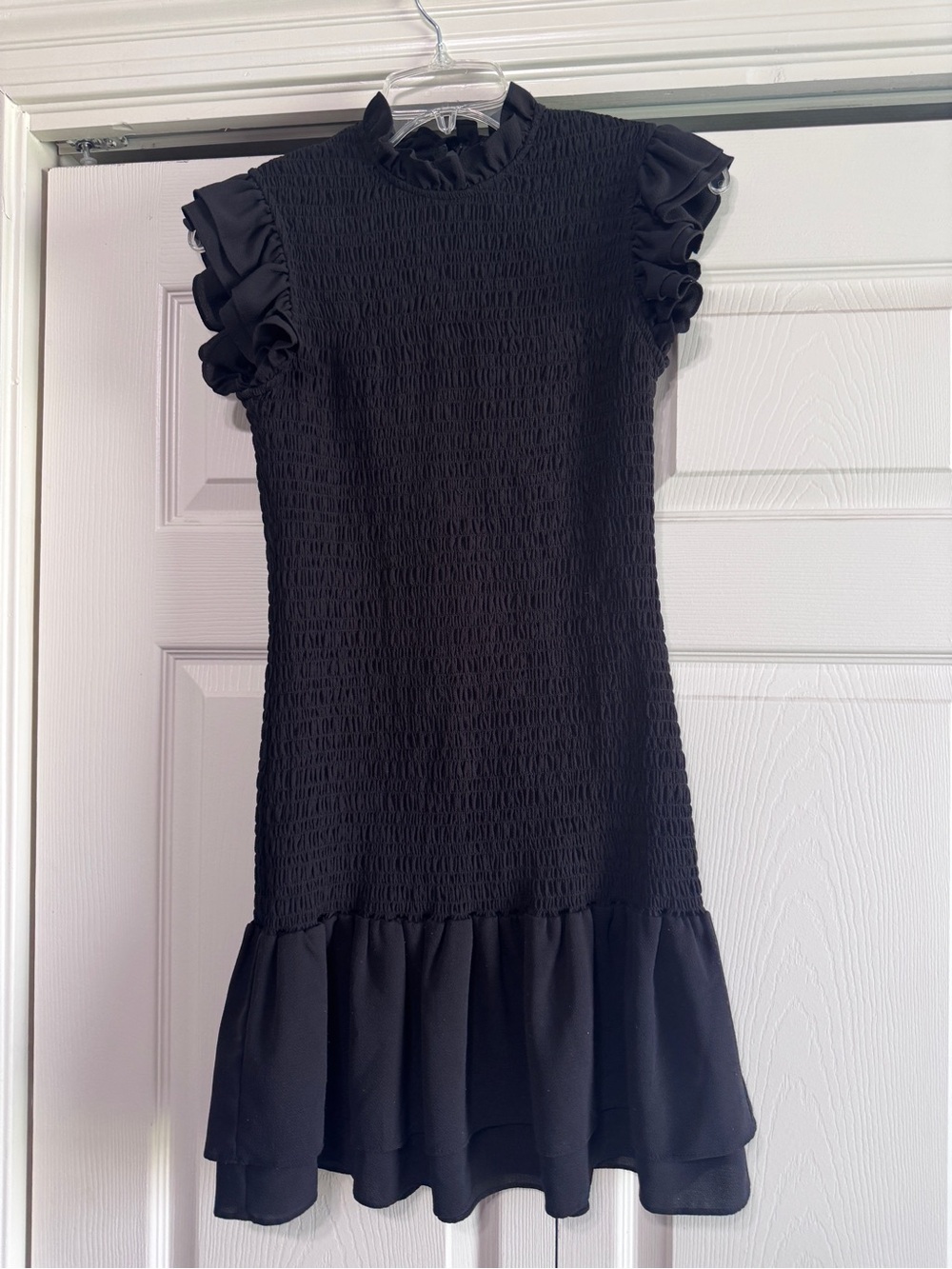 French Connection Black Smocked Ruffle Sleeve Dress